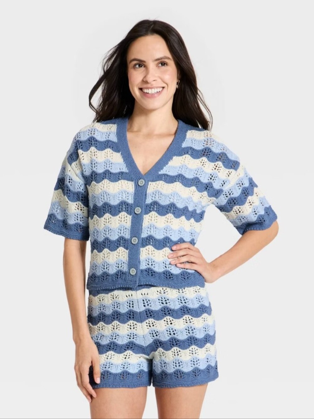 Women's XL Top XXL Bottoms Blue Striped Crochet Cardigan Sweater Set-NWT